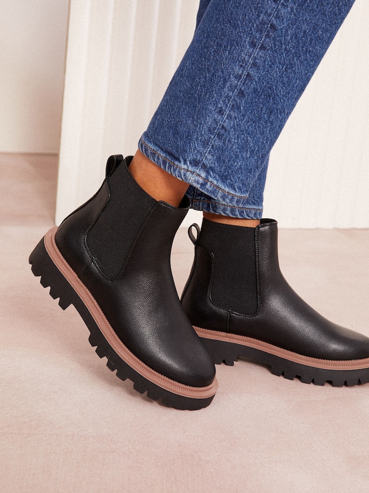 Friends Like These Black Contrast Faux Leather Chunky Flat Chelsea Boots - Image 2 of 5