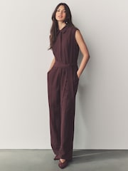 Burgundy Red Short Sleeve Tie Waist Placket Detail Jumpsuit - Image 1 of 8