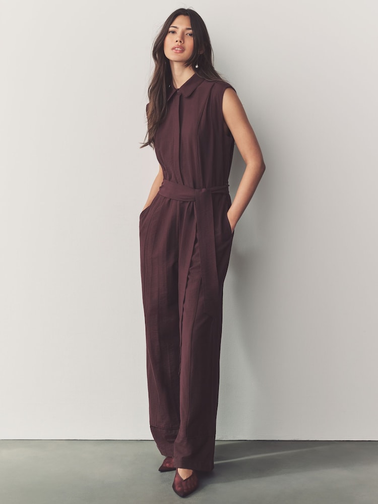 Burgundy Red Short Sleeve Tie Waist Placket Detail Jumpsuit - Image 1 of 8