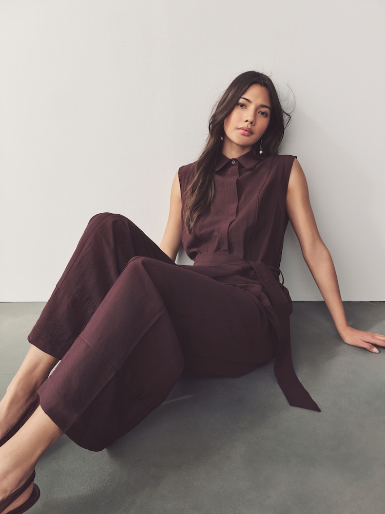 Burgundy Red Short Sleeve Tie Waist Placket Detail Jumpsuit - Image 2 of 8