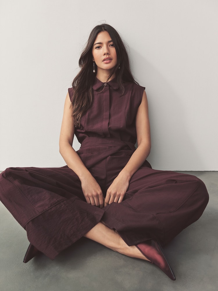 Burgundy Red Short Sleeve Tie Waist Placket Detail Jumpsuit - Image 3 of 8