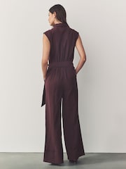 Burgundy Red Short Sleeve Tie Waist Placket Detail Jumpsuit - Image 4 of 8
