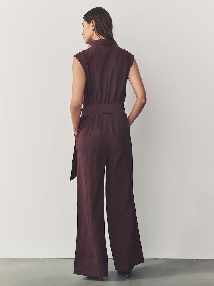 Burgundy Red Short Sleeve Tie Waist Placket Detail Jumpsuit - Image 4 of 8