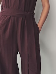 Burgundy Red Short Sleeve Tie Waist Placket Detail Jumpsuit - Image 5 of 8