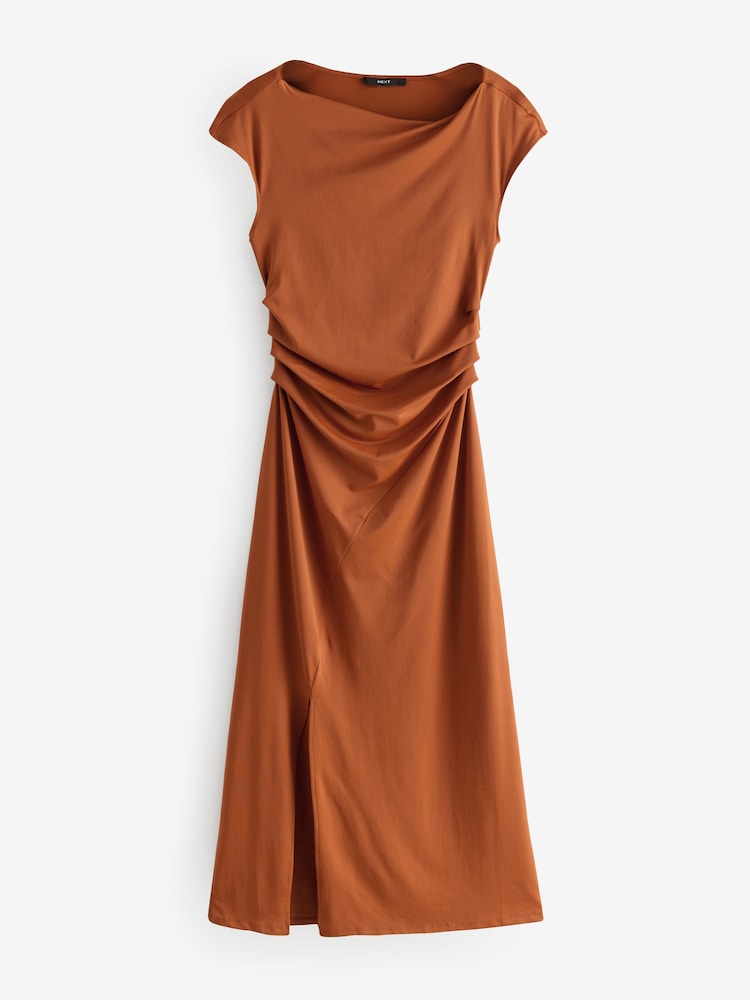 Rust Brown Polyamide Slinky Ruched Off The Shoulder Midi Dress - Image 5 of 7