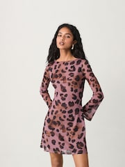 Purple and Black Leopard Print Long Sleeve Mini Mesh Dress - Image 3 of 8