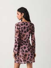 Purple and Black Leopard Print Long Sleeve Mini Mesh Dress - Image 4 of 8