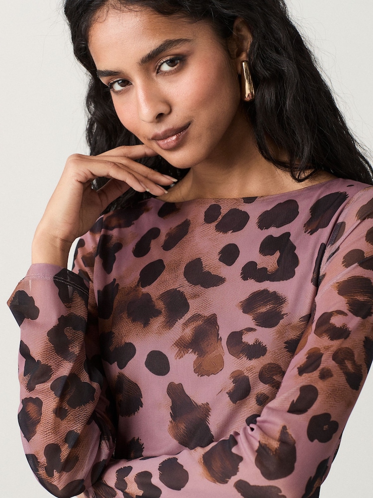 Purple and Black Leopard Print Long Sleeve Mini Mesh Dress - Image 5 of 8