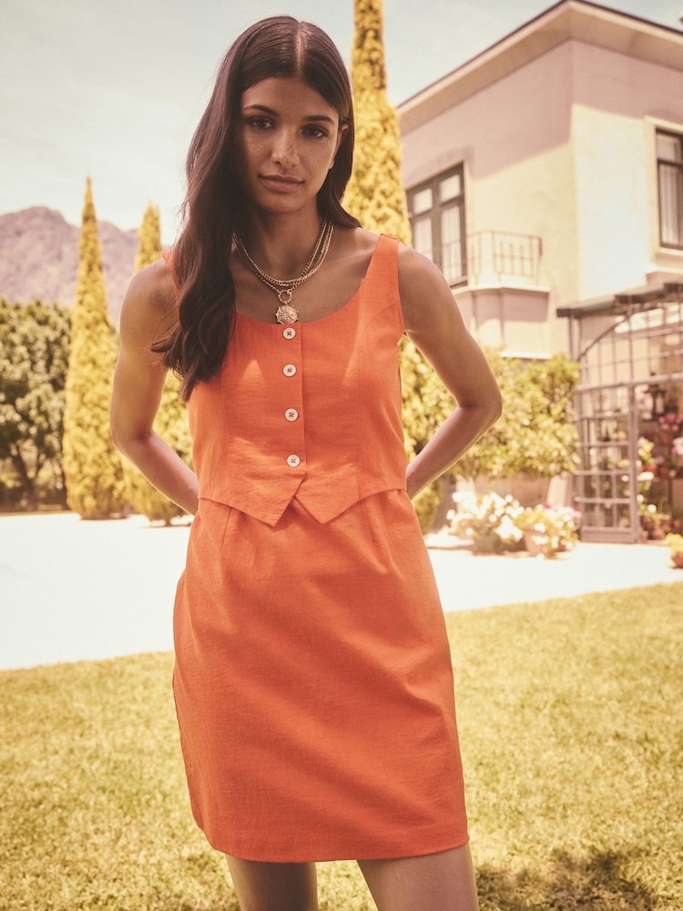 Bright Orange 100% Cotton Sleeveless Waistcoat Mini Dress - Image 1 of 5