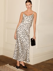 Black/White Spot Print Satin Cami Midi Slip Dress - Image 2 of 8