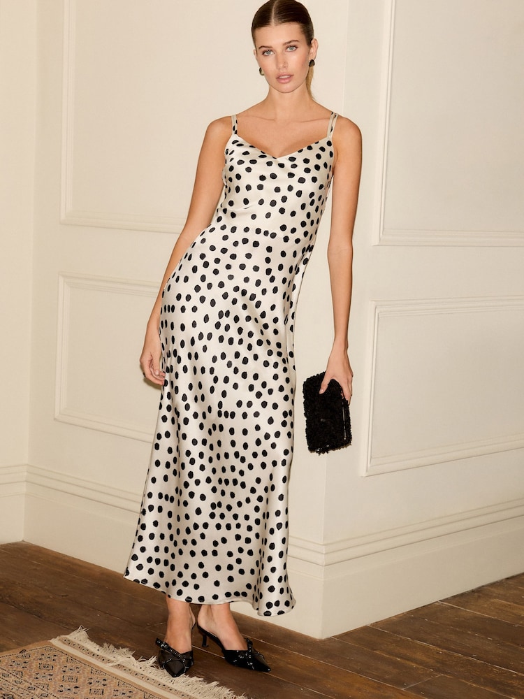 Black/White Spot Print Satin Cami Midi Slip Dress - Image 2 of 8