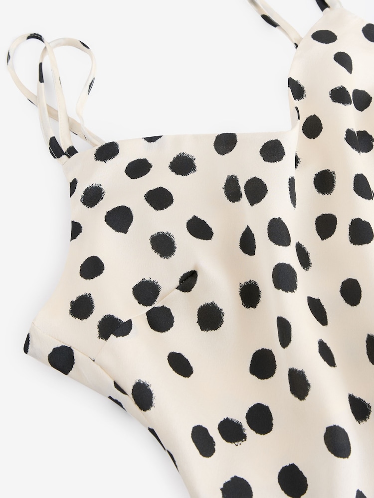 Black/White Spot Print Satin Cami Midi Slip Dress - Image 8 of 8