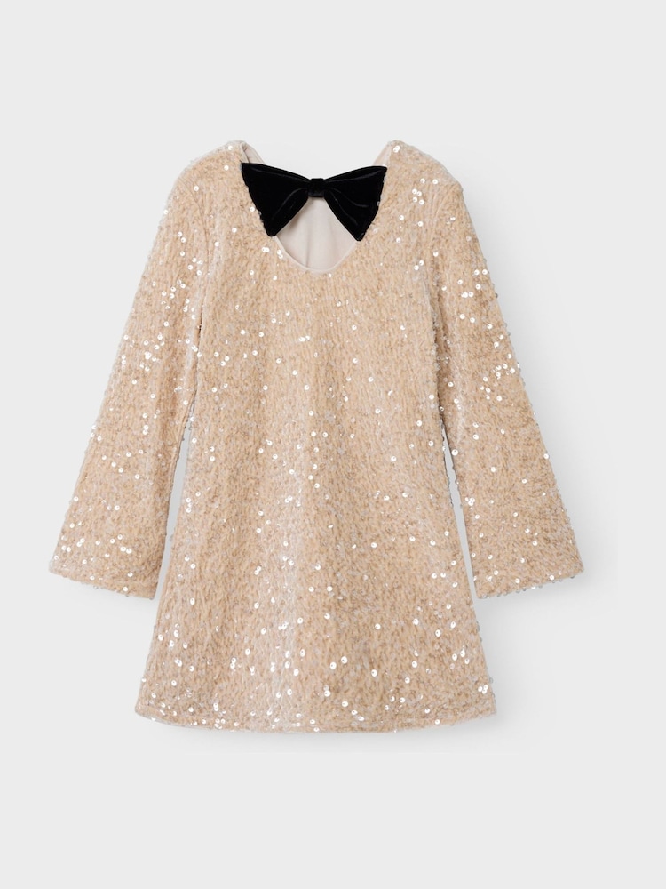 Name It White Long Sleeve Sequin Bow Back Dress - Image 4 of 4