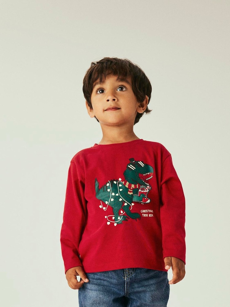 Name It Red Glow In The Dark Christmas Dinosaur Novelty Long Sleeve Top - Image 1 of 5
