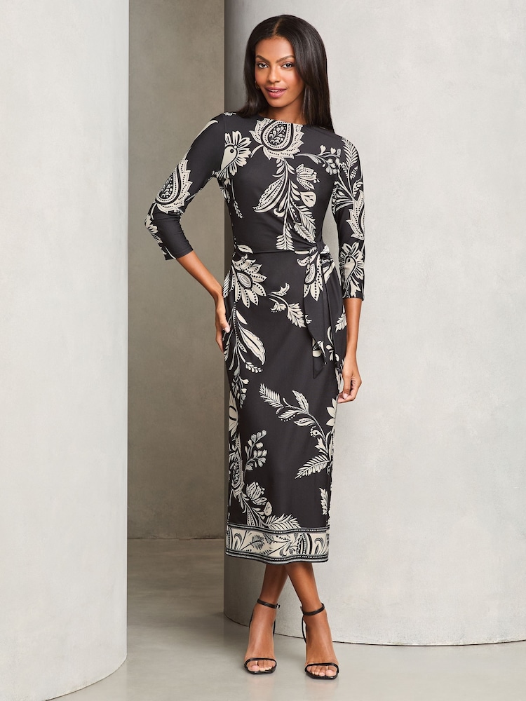 Lipsy Monochrome Printed Tie Side Jersey Midi Dress - Image 1 of 4