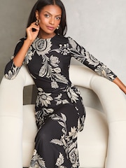Lipsy Monochrome Printed Tie Side Jersey Midi Dress - Image 2 of 4