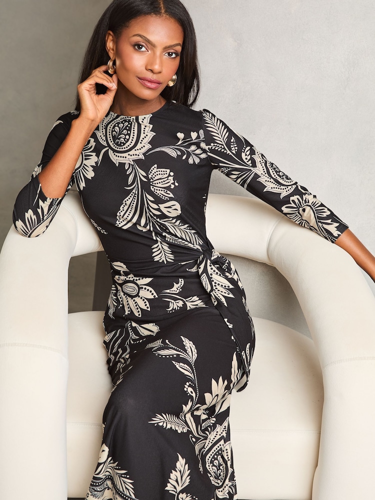 Lipsy Monochrome Printed Tie Side Jersey Midi Dress - Image 2 of 4