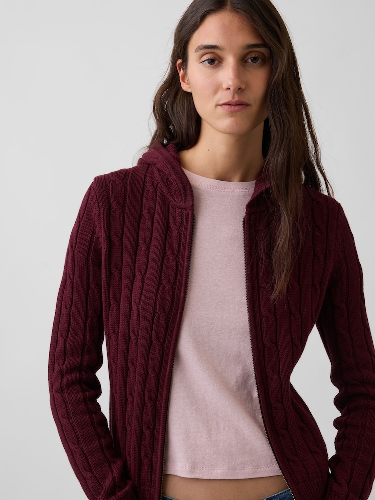 Gap Burgundy Red Cable-Knit Zip-Up Cardigan - Image 1 of 4