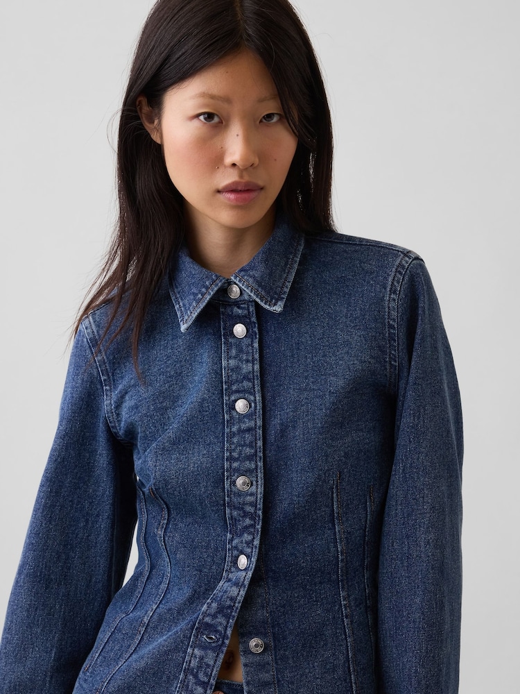 Gap Dark Wash Denim Fitted Shirt - Image 4 of 4 Gap Dark Wash Denim Fitted Shirt - Image 4 of 4