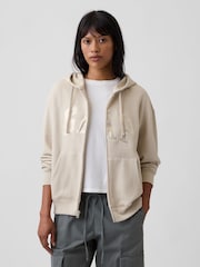 Crema/dorado - Sudadera de corte holgado con capucha, cremallera y logotipo de Gap - Imagen 1 de 5