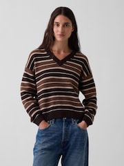 Gap Brown/Black Stripe CashSoft Oversized V-Neck Jumper - Image 1 of 4