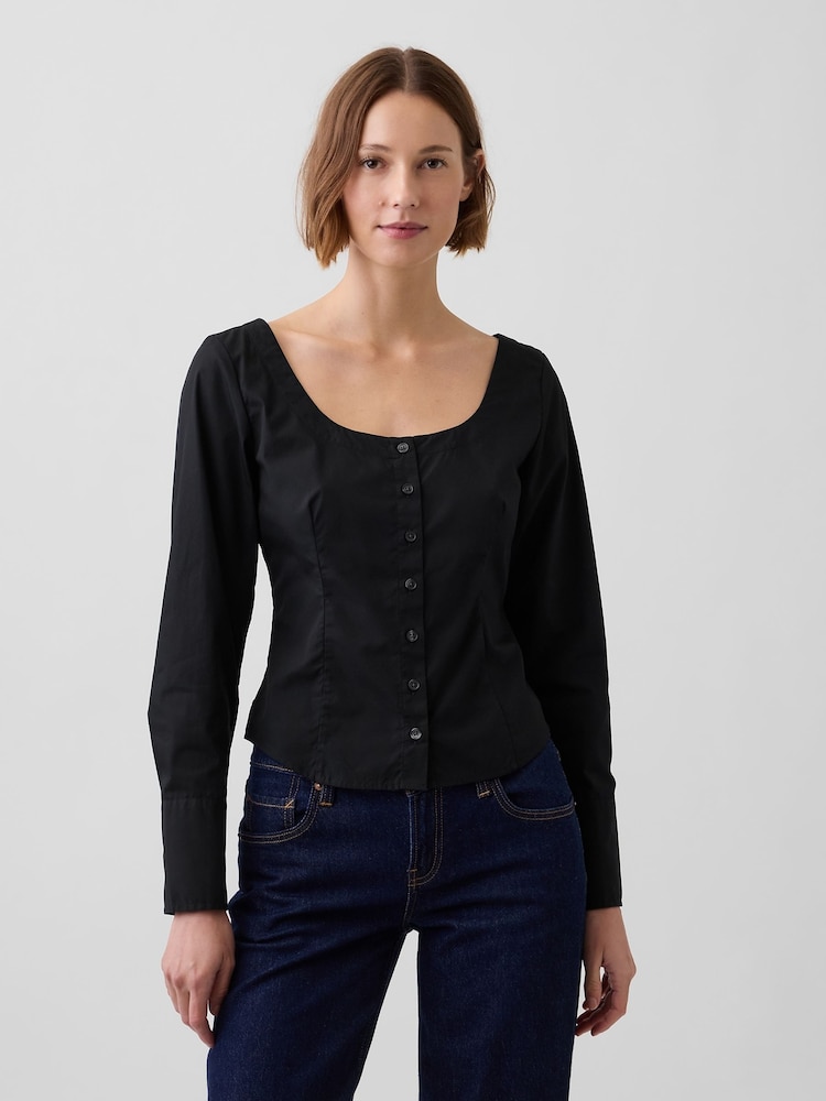 Gap Black Poplin Scoop Neck Top - Image 1 of 4 Gap Black Poplin Scoop Neck Top - Image 1 of 4