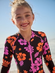 Black/Pink Tropical Long Sleeved Swimsuit (3-16yrs) - Image 1 of 7