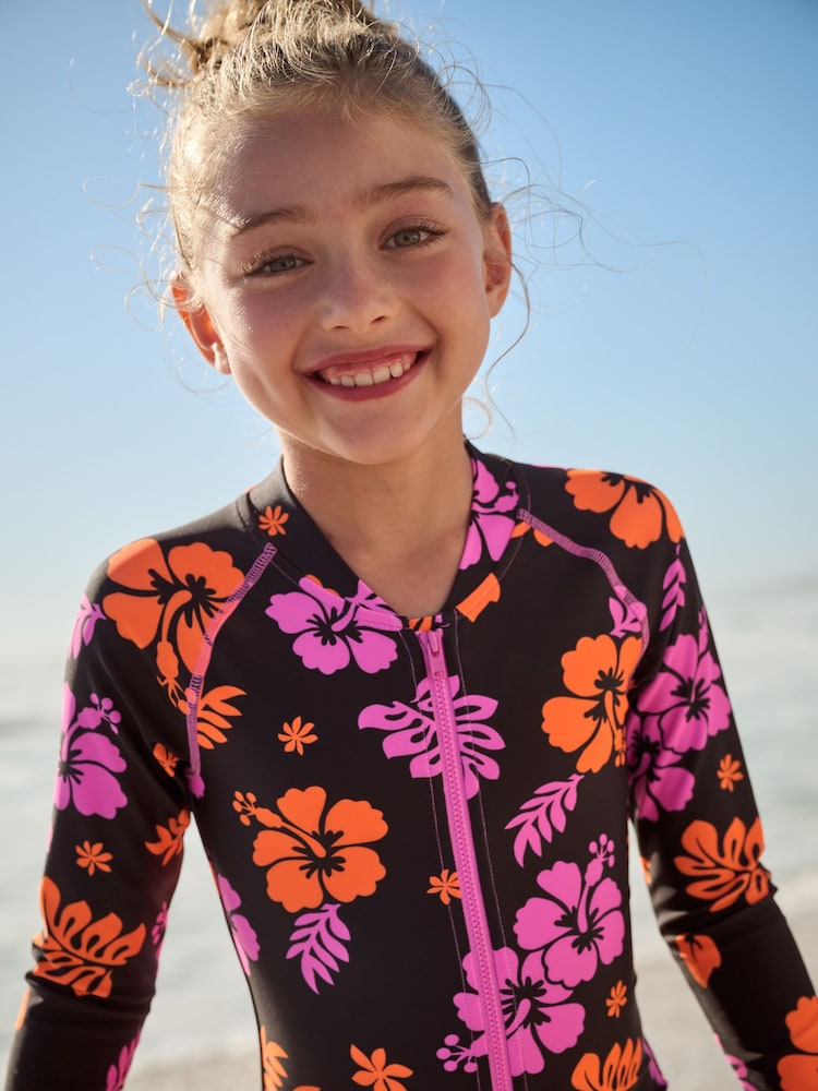 Black/Pink Tropical Long Sleeved Swimsuit (3-16yrs) - Image 1 of 7