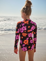 Black/Pink Tropical Long Sleeved Swimsuit (3-16yrs) - Image 3 of 7