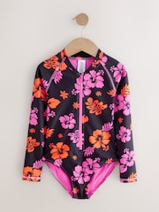 Black/Pink Tropical Long Sleeved Swimsuit (3-16yrs) - Image 4 of 7