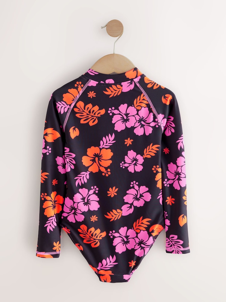 Black/Pink Tropical Long Sleeved Swimsuit (3-16yrs) - Image 5 of 7