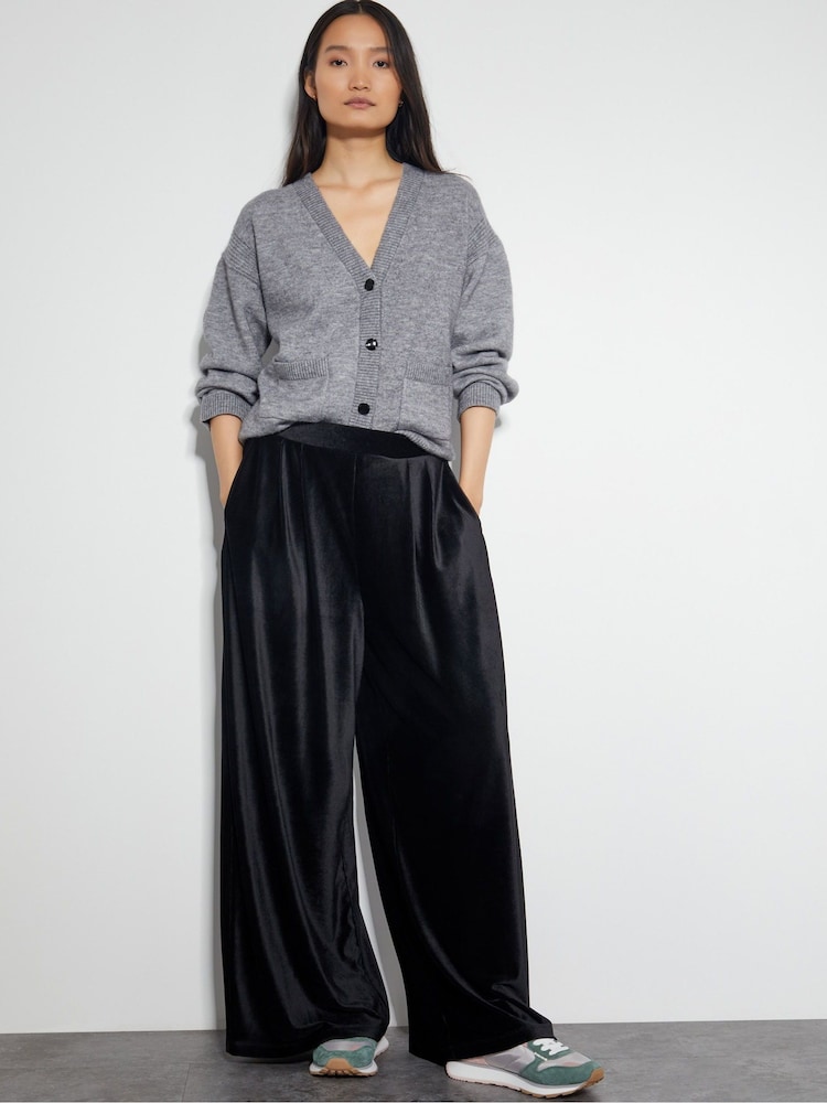 Monsoon Black Shay Rib Velour Wide Leg Trousers - Image 1 of 4