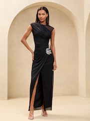 Lipsy Black Petite Diamante Floral Trim Mesh Mix Ruched Maxi Dress - Image 1 of 4