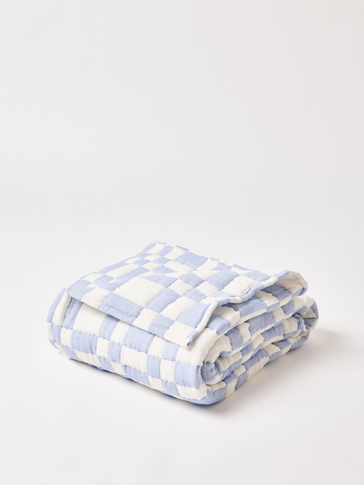 Oliver Bonas Blue Chequerboard Cotton Quilted Bedspread - Image 1 of 5