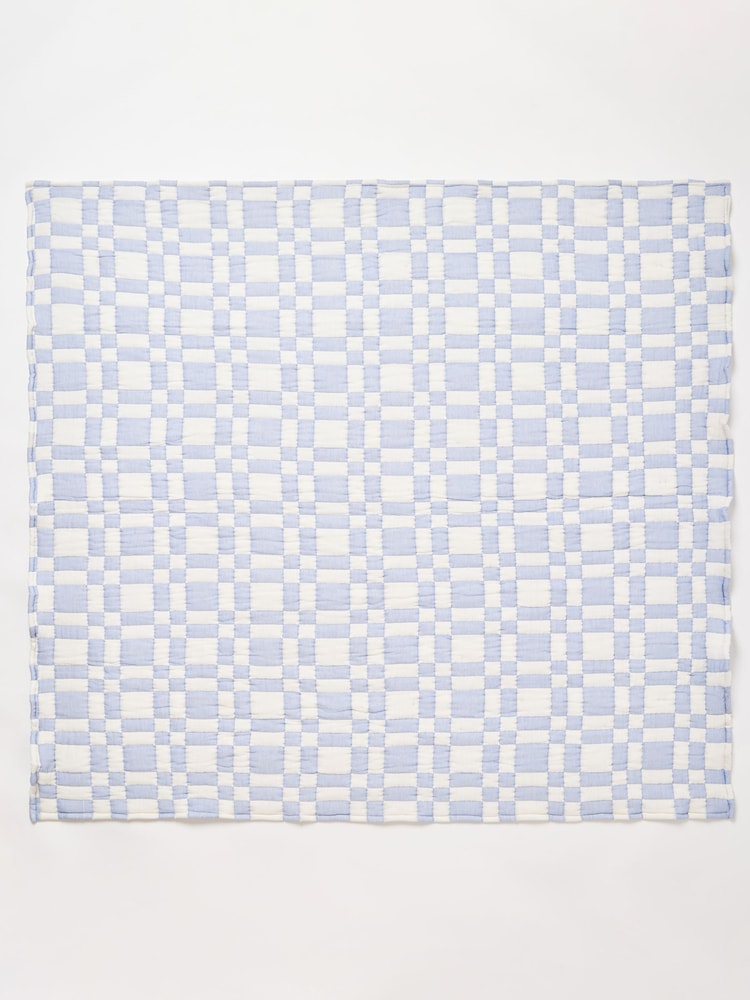Oliver Bonas Blue Chequerboard Cotton Quilted Bedspread - Image 5 of 5