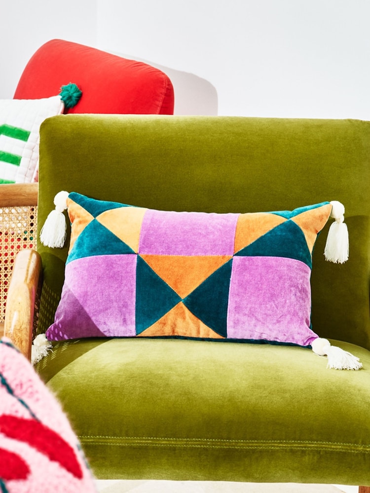 Oliver Bonas Pink Patchwork Velvet Rectangular Cushion Cover - Image 4 of 4