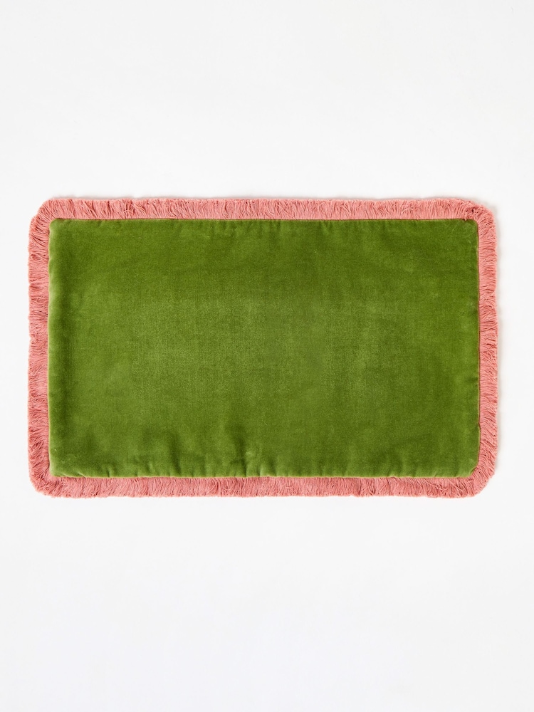 Oliver Bonas Green Issey Velvet Fringed Rectangular 100% Cotton Cushion Cover - Image 2 of 3