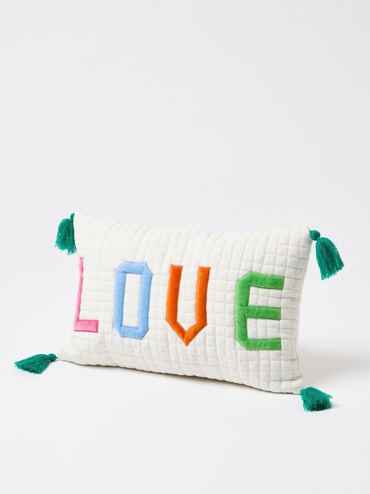 Oliver Bonas Cream Love Quilted Patchwork Rectangular Cushion Cover - Image 1 of 4