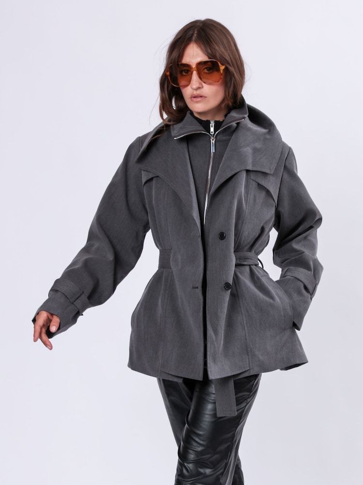 Grijs - Religion Rhodium Trench Jacket with Belt and Double Fastening in Structured Crepe - Image 6 of 7