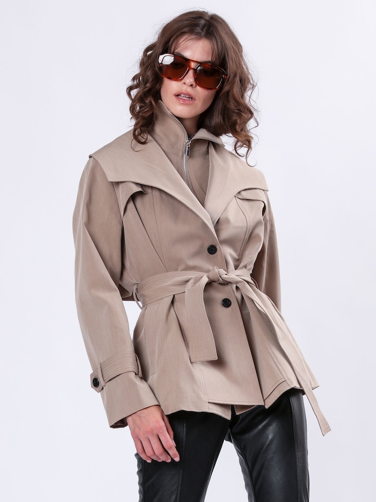 Religion Natural Rhodium Trench Jacket with Belt and Double Fastening in Structured Crepe - Image 2 of 7