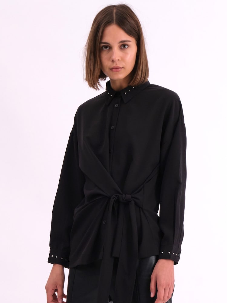 Religion Black Tie Front Prodigy Shirt In Crisp Crepe With Stud Details - Image 1 of 7