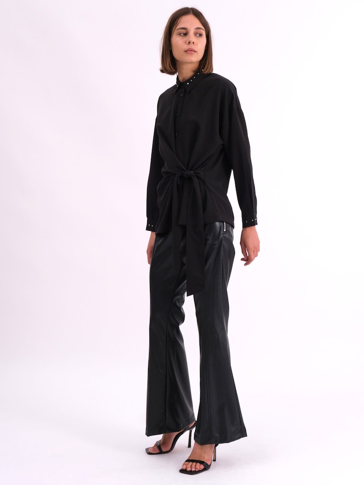 Religion Black Tie Front Prodigy Shirt In Crisp Crepe With Stud Details - Image 3 of 7