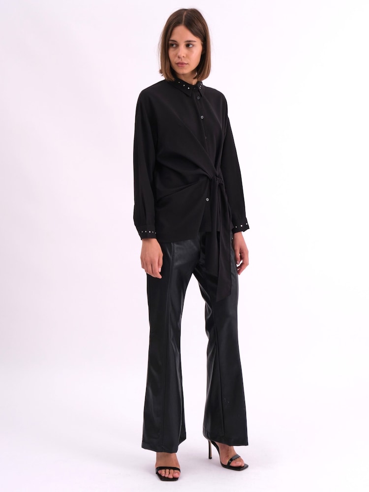 Religion Black Tie Front Prodigy Shirt In Crisp Crepe With Stud Details - Image 5 of 7
