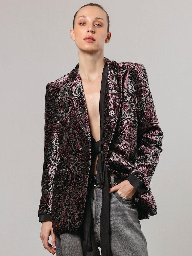 Religion Black Oberon Velvet Blazer With Vintage Style Burnout Print - Image 1 of 6