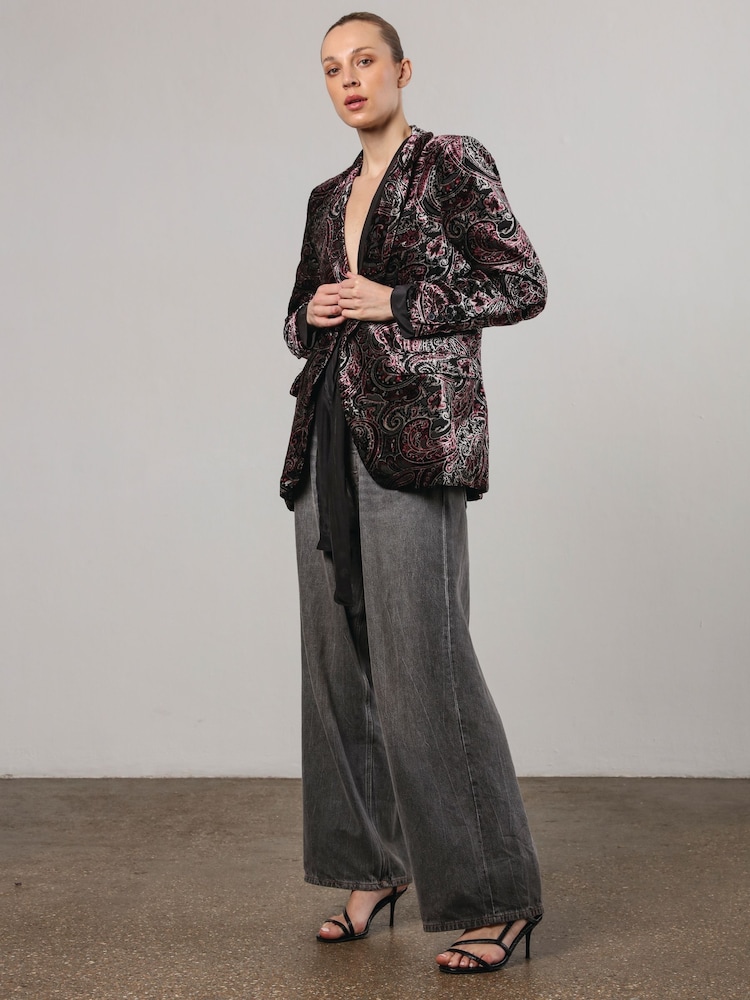 Religion Black Oberon Velvet Blazer With Vintage Style Burnout Print - Image 2 of 6