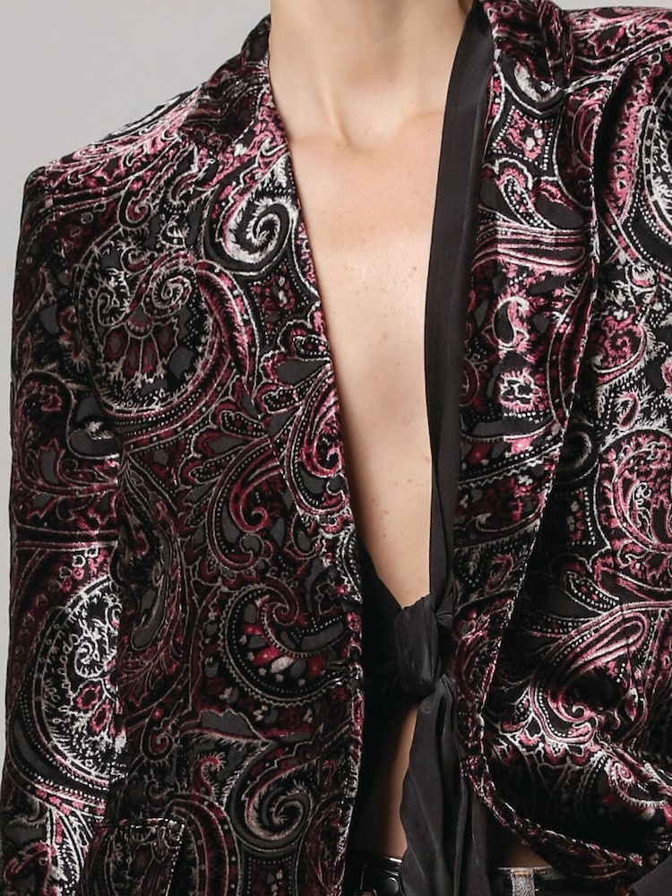 Religion Black Oberon Velvet Blazer With Vintage Style Burnout Print - Image 6 of 6