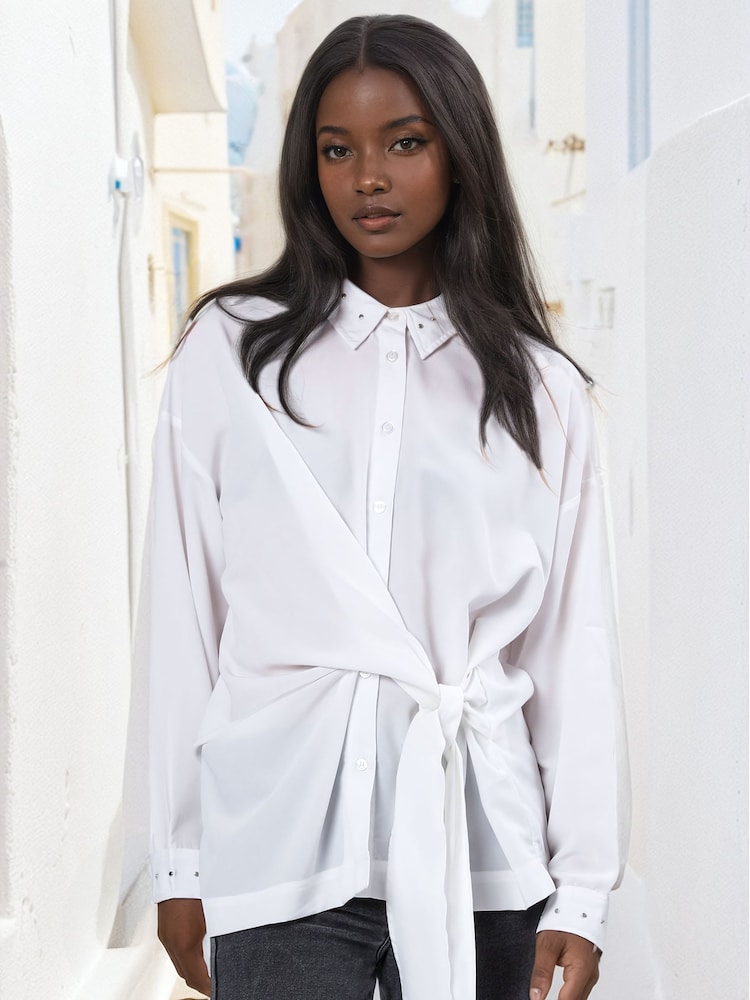 Religion White Tie Front Prodigy Shirt In Crisp Crepe With Stud Details - Image 1 of 7