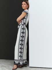 White/Black Placement Floral Short Sleeve Tie Waist Placket Detail Jumpsuit - Image 1 of 8