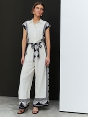 White/Black Placement Floral Short Sleeve Tie Waist Placket Detail Jumpsuit - Image 2 of 8