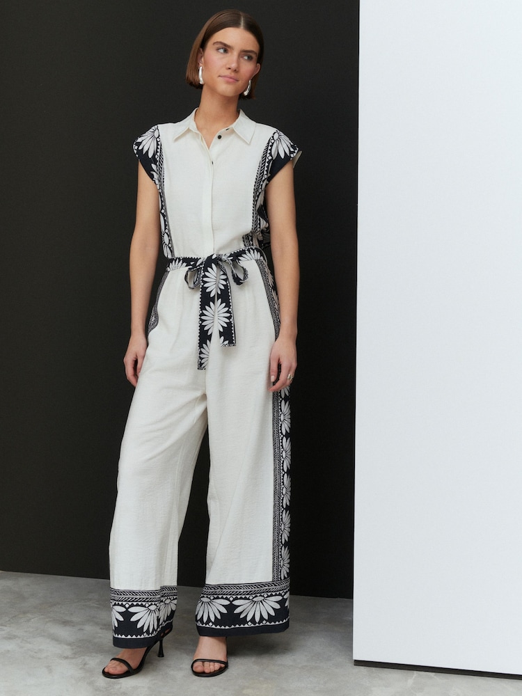 White/Black Placement Floral Short Sleeve Tie Waist Placket Detail Jumpsuit - Image 2 of 8